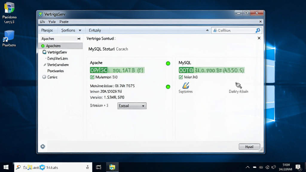 VertrigoServ��������Ԥ��ͼ������ΪWindows�����ϵĿ�����崰�ڣ���������չʾApache��MySQL����״̬���Ű��࣬���дʵ��ϸ�ڰ�����ɫָʾ����汾��Ϣ�����ʸ���ɾ��޶���Ԫ��