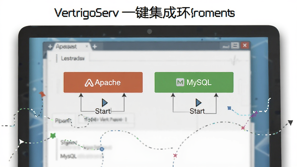 VertrigoServһ�����ɻ���ʾ��ͼ������Ϊ������Ļ�еĿ�����壬����չʾApache��MySQL������ť���Ű�ֱ�ۣ�����ƽ����ϸ�ڱ�ע��Start����ť�����������ɾ��޶���Ԫ��