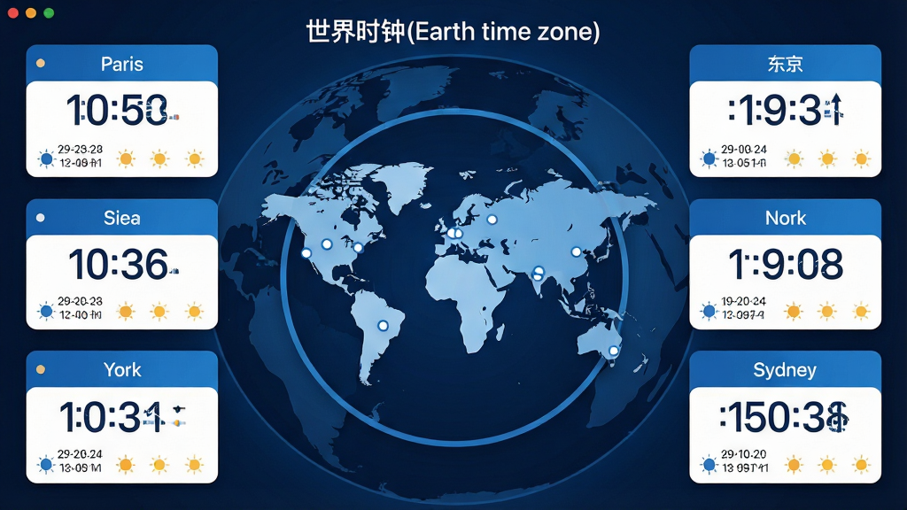 ���壺����ʱ��(Earth time zone)���������棬չʾ����������ʱ�ӿ�Ƭ������Ϊ����ɫ�������������֣�����Ϊ���������ͼ�����ֲܷ��Ű��衢������ŦԼ��Ϥ��ȳ��е�ʱ�俨Ƭ����Ƭ��������ʾ�������ƺ�����ʱ�ӡ��Ű棺��Ƭ�������У����ҶԳƣ��������������ơ�����ʱ��(Earth time zone)��������ִ���ƽ����ƣ��Ƽ���ǿ����ɫ���ɫΪ��ɫ����ϸ�ڣ�ÿ��ʱ�ӿ�Ƭ�·������ں���ҹͼ�꣬��ͼ�ϱ�ע��Ҫ����λ�á����ʣ����壬ϸ�壬�ɾ����޶���Ԫ�ء�