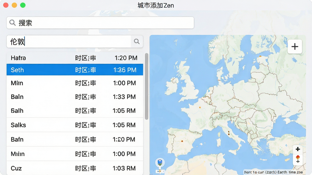 ���壺����ʱ��(Earth time zone)�����ĳ������ӽ��棬չʾ������ͳ����б������֣����Ϊ�����б����Ҳ�Ϊ��ͼԤ�������������������Ű棺�б�������ÿ����ʾ�������ơ�ʱ���͵�ǰʱ�䡣��񣺼��ʵ�ã�ǳɫ������ϸ�ڣ������������롰�׶ء����·�����ƥ���������ʣ����壬�ɾ����޶���Ԫ�ء�