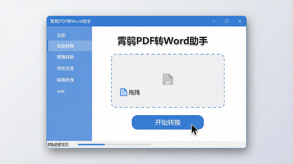 ���壺����PDFתWord������������չʾ��������ʾ�����ڣ�������д�š�����PDFתWord���֡����·����ļ���ק�������Ŀ�ġ���ʼת������ť������й����б������֣������ھ��У�����Ϊǳ��ɫ���䣬�������������ʵ����ף��ײ���״̬����ʾת�����ȡ��Ű棺����Ԫ�ض������룬��ťԲ����ƣ�����Ϊ΢���źڣ�����Ӵ֡�����ִ���Լ����ƽ����ƣ�ɫ������ɫ�Ͱ�ɫΪ��������ɾ���ˬ��ϸ�ڣ�������Ӱ��Ȼ�����ָ����ͣ�ڰ�ť�ϣ��ļ���ק�������߱߿򡣻��ʣ�4K���壬�ɾ����޶���Ԫ�ء�