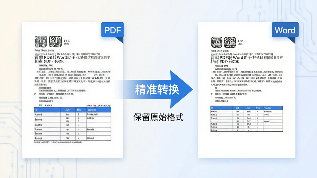 ���壺����PDFתWord���ֵ�ת��������ʾ�����ΪԭʼPDF�ļ�ҳ�棬�Ҳ�Ϊת�����Word�ĵ�ҳ�棬�м���һ����ͷָ���Ҳ࣬��ͷ��д�š���׼ת���������֣����ҶԱȲ��֣�����ҳ�沢�ţ���ͷ���У�����Ϊǳɫ���䡣�Ű棺PDFҳ����ʾ���ֺͱ���Wordҳ����ʾ�������ݣ������������������롣��񣺿Ƽ��У���ɫ������ƽ����ơ�ϸ�ڣ�PDFҳ�����Ͻ��С�PDF����ǩ��Wordҳ�����Ͻ��С�Word����ǩ����ͷ�·��С�����ԭʼ��ʽ�����������ʣ����壬�ɾ����޶���Ԫ�ء�