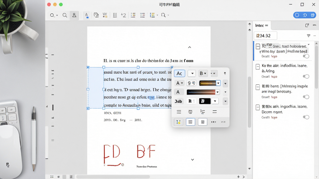 ��ţPDF�༭����չʾͼ������������ʾһ���򿪵�PDF�ļ���ѡ��һ�����ֺ󵯳��������������������塢�ֺš���ɫ���Ӵֵ�ѡ��Ҳ������ʾע���б�������Ϊǳ��ɫ�칫���棬���дʵ��ϸ�ڷḻ�������������ɾ��޶���Ԫ��