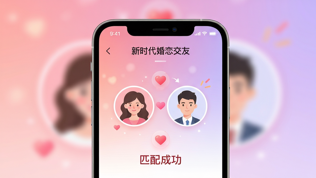 ��������Ϊ����ʱ���������ѡ�APP�������ֻ���Ļ��չʾ������Ϊ��ܰģ���ķ�ɫ�뵭��ɫ���䣬ǰ���ֻ���Ļ����ʾ��Ůͷ����Գɹ����������־��У��Ű��࣬����ִ����£�ϸ�ڰ�������ͼ��͡�ƥ��ɹ������������ʸ��壬�ɾ��޶���Ԫ��