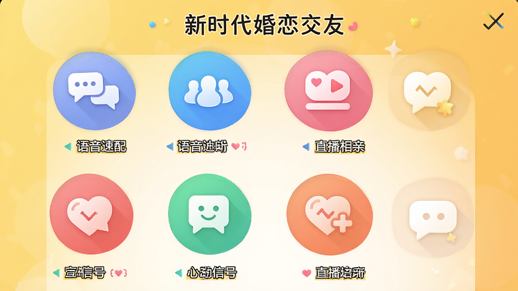 ��������Ϊ����ʱ���������ѡ�APP�������ܽ��棬չʾ�������䡢ֱ�����ס��Ķ��ź��ĸ�Բ��ͼ�꣬ÿ��ͼ���·������ı�ǩ������Ϊů��ɫ���䣬�����������У������ã�ϸ�ڰ�����ɫͼ�꣬���ʸ��壬�ɾ��޶���Ԫ��
