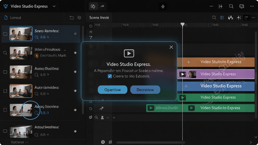 ���壺Video Studio Express�����ܼ������ܽ��棬������ʾ�Զ���⵽�ĳ�����ǣ����֣����Ϊ�ز��б����Ҳ�Ϊʱ���ߣ��м䵯����ʾ��������Ű棺��Ϣ�㼶������������ť�����ɼ�����񣺼��������ͻ�����ܻ����飻ϸ�ڣ�ʱ�����ϵ�Ƭ�α���ͬ��ɫ��ע�������С�Video Studio Express����ˮӡ��ʶ�����ʣ�ϸ�����������������޸��ţ�