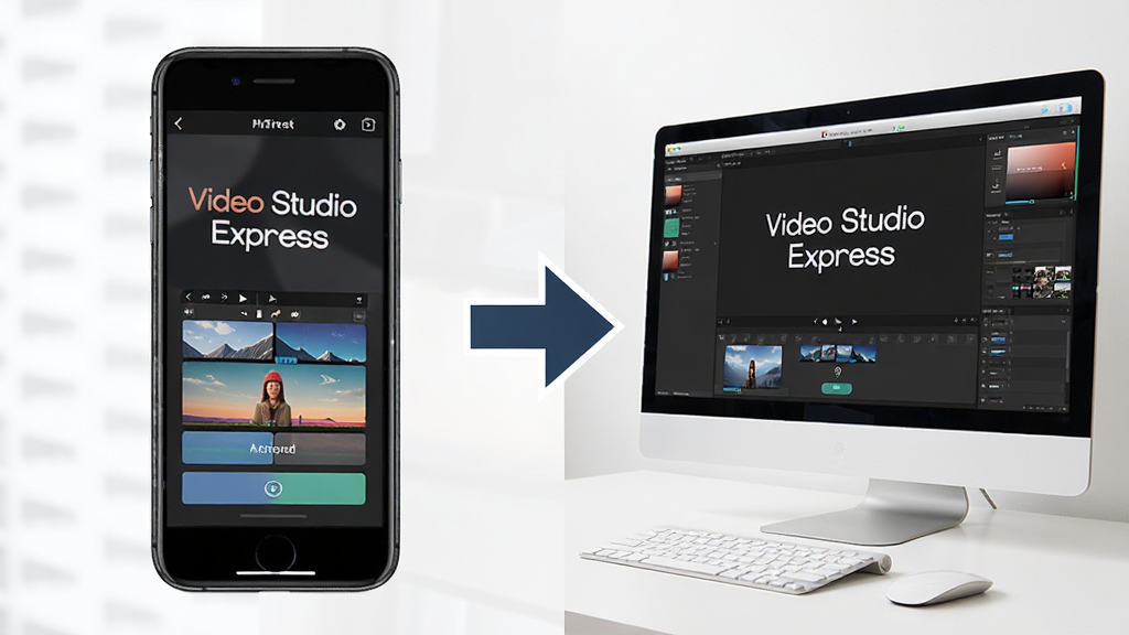 ���壺չʾVideo Studio Express���ֻ��͵����ϵĲ����Ա�ͼ�����Ϊ�ֻ����棬�Ҳ�Ϊ���Խ��棻���֣����ҶԳƣ��м��ü�ͷ���ӣ��Ű棺����ֱ�ۣ���񣺶Աȷ�񣬼�����ˣ�ϸ�ڣ���Ļ����ʾ��Video Studio Express��������������ť�����ɼ������ʣ����壬�޶���Ԫ�أ�