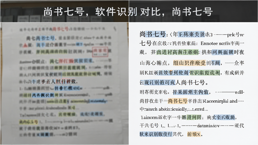 图像主体为“尚书七号”软件识别效果对比图,左侧是模糊的纸质中文文档照片,右侧是识别出的干净电子文本,布局采用左右分栏,排版整齐,风格写实,细节突出文字高亮匹配标记,画质锐利,干净无多余元素