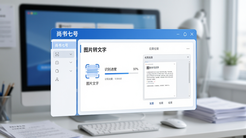 画面主体为“尚书七号”软件主界面悬浮于现代办公桌面之上,背景为模糊的电脑屏幕与纸质文档,界面展示“图片转文字”核心功能面板,布局清晰,排版简洁,采用蓝白科技色风格,细节包含扫描按钮、识别进度条与结果预览区,画质高清通透,干净无多余元素