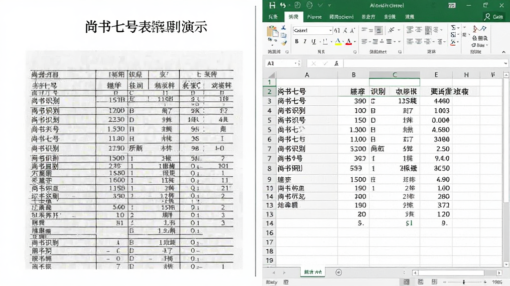 图像主体为“尚书七号”表格识别功能演示,左侧是带复杂表格的扫描图片,右侧是还原后的Excel样式表格,布局对比式排版,风格专业,细节强调单元格对齐与数据准确性,画质清晰,干净无多余元素
