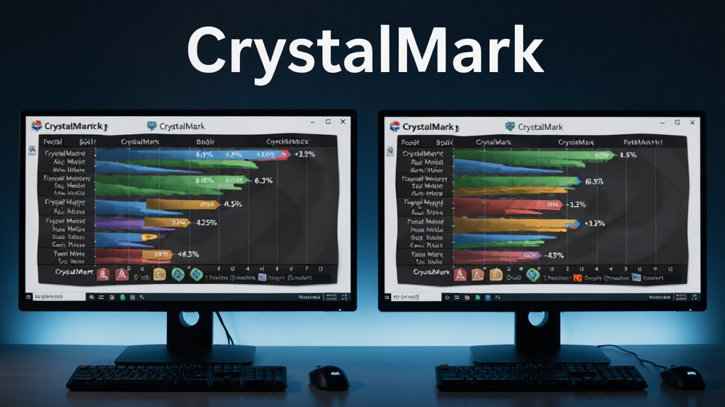 ����Ϊ��̨���Բ��ŶԱ����ܷ�������Ļ����ʾCrystalMark�Ա�ͼ�������ֶԳƣ��Ű���գ����Ƽ��У�ϸ�ڰ����ٷֱȲ����ע�����ʸ��壬�ɾ��޶���Ԫ�أ�ͼ���Ϸ���ע