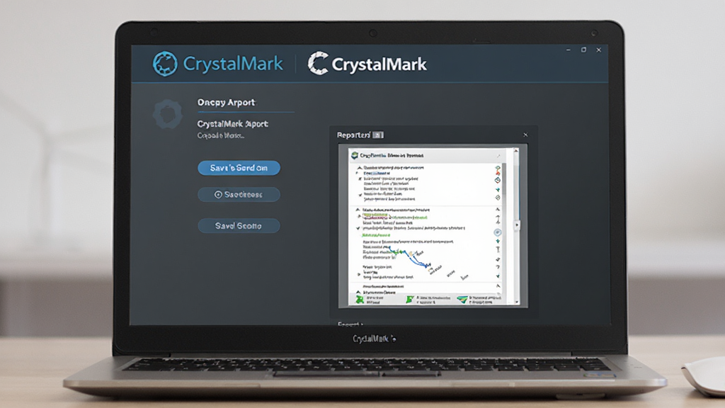 ����Ϊһ̨�ʼǱ�������ĻչʾCrystalMark���Ա��浼��ҳ�棬���־��У��Ű��࣬�������ϸ�ڰ������水ť�뱨��Ԥ�������������ɾ����޶���Ԫ�أ�ҳ�涥����