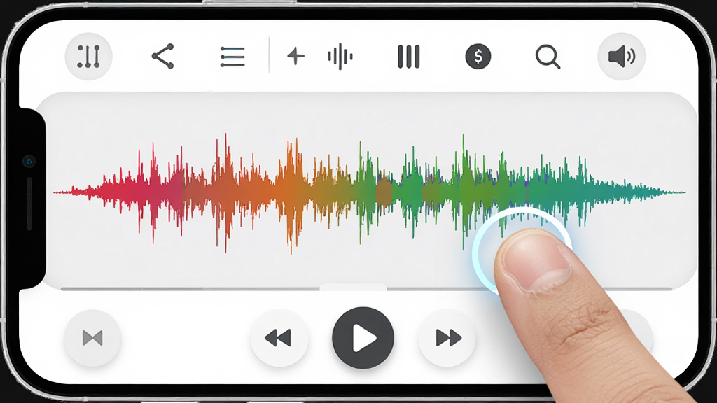 ���壺audio mp3 editor���ֻ��ϵı༭���棬��ָ�����϶����Σ����֣��Ϸ����������м䲨�Σ��·����ſ��ƣ��Ű棺���ذ�ť�ϴ��ʺ���ָ����������ƶ���UI��ƣ�Բ��Ԫ�أ�ϸ�ڣ���ָ����λ���и�����������ʾ��ɫ�����ʣ����壬�ɾ����޶���Ԫ�ء�