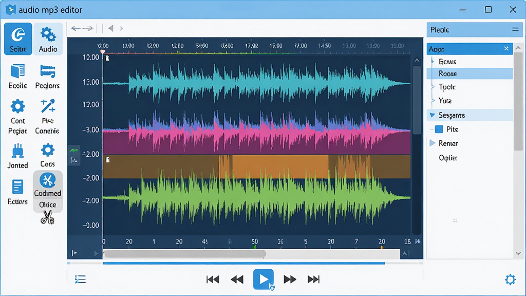 ���壺audio mp3 editor���������棬չʾ���α༭����ʱ���ᣬ�����������������֣���๤�������м䲨����ʾ�����Ҳ�������壬�ײ����ſ��������Ű棺��������UI��ƣ�����ͼ���������룻����ִ���ƽ����ƣ�ɫ��������Ϊ����ϸ�ڣ�����ͼ��ʾ��ɫ���죬ʱ��̶����������ָ����ͣ�ڼ��а�ť�ϣ����ʣ����壬�ɾ����޶���Ԫ�أ��������ơ�audio mp3 editor����ʾ�ڱ�������