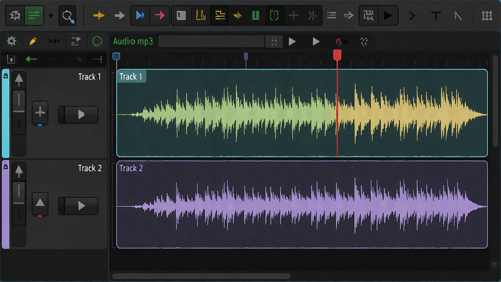 ���壺audio mp3 editor�Ķ��༭���棬��ʾ������ɫ���죻���֣��Ϸ����������·��������������������壻�Ű棺���첨��������ѡ��������������רҵ��Ƶ���������ɫ������ϸ�ڣ����α�Ե�е���ɫ����������ָ��Ϊ��ɫ���ߣ�������ơ�Track 1������Track 2�������ʣ����壬�ɾ����޶���Ԫ�ء�