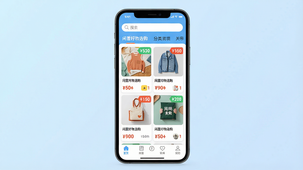 ���壺���ú���ѡ��APP������չʾ���ֻ���Ļ��ʾ��Ʒ�б�����ർ�������֣��ֻ����У�����Ϊ����ɫ���䣬��Ʒ��Ƭ�������У��Ű棺����Ԫ���������Ϸ����������·��ײ���ǩ��������ִ���ƽ����ɫ���������ã�ϸ�ڣ���ƷͼƬ�������۸��ǩ��Ŀ�����С����ú���ѡ�������������ʣ�������Ⱦ���ɾ��޶���Ԫ��