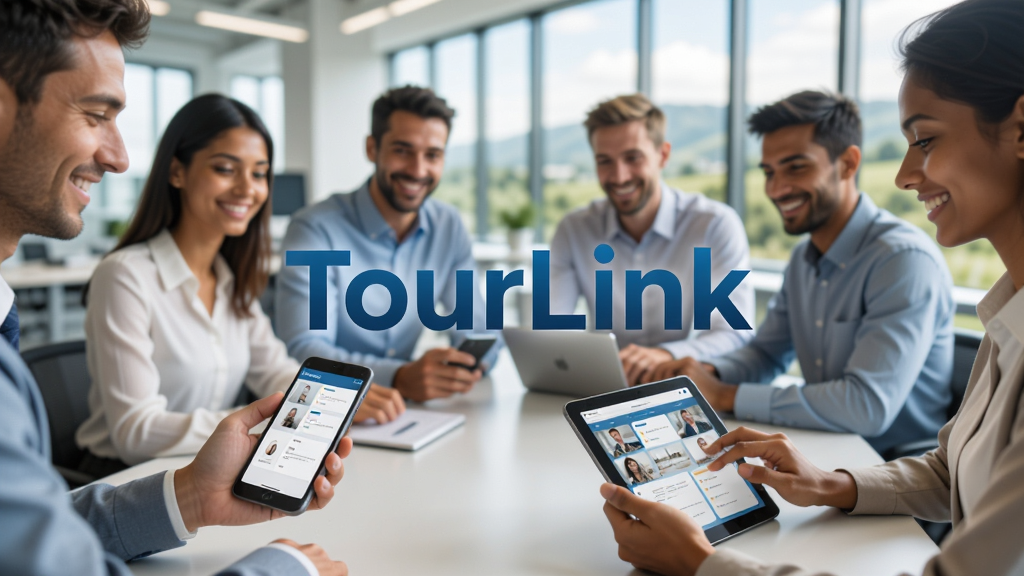 һ���ִ������Ŷ�ʹ���ֻ���ƽ�����Զ��Э���ĳ�������������ͻ����ʾ��TourLink���������Ŷӳ�Ա���΢Ц�������������������黯�İ칫�Һͻ���羰���ڣ�������ɾ�רҵ�����廭�ʣ���ͼ���⣬�޶���Ԫ��