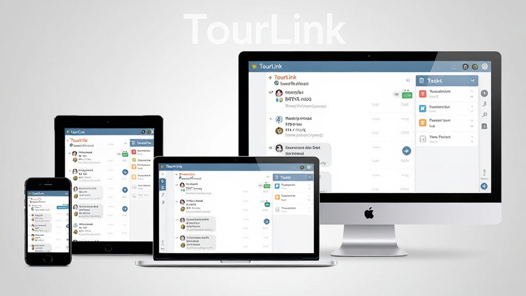 ���豸չʾTourLink���棬���������ֻ���ƽ�塢�ʼǱ����Ժ�̨ʽ������Ļ�Ͼ���ʾ��ͬ�ĶԻ��б���������壬�豸�������򣬱���Ϊǳ��ɫ���䣬���������������������ơ�TourLink����ˮӡ��ʽ�����ڻ����Ϸ�������ϸ�壬�޶���Ԫ��