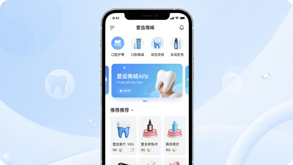�����̳�App������չʾ�������ֻ���Ļ����ʾ�̳���ҳ��������ǻ������Ʒ����ͼ�ꡢ�ֲ�������Ƽ���Ʒ��Ƭ������Ϊ��͵�����ɫ�������岼�������ִ�������ɾ���࣬�߻�����Ⱦ���޶���Ԫ��