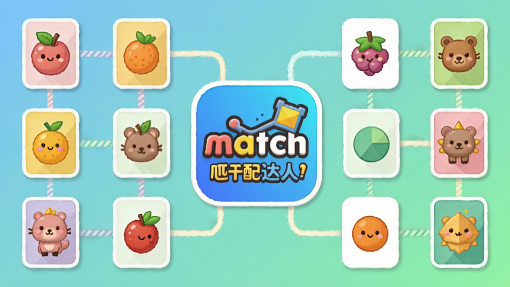 一副色彩明快的卡通风格插画,画面中央是Match(匹配达人)的Logo图标,周围环绕着各种可爱的水果、动物和几何图形卡片,卡片之间有连线配对效果,背景是渐变的浅蓝到浅绿色,整体布局干净整洁,扁平化设计风格,细节精致,画质高清,干净无多余元素