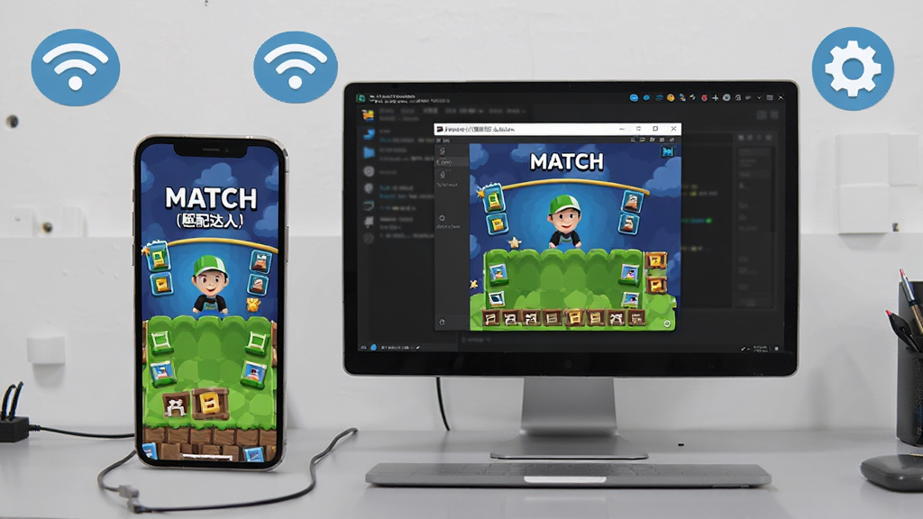 一组智能手机和电脑显示Match(匹配达人)游戏界面的场景,手机竖屏显示游戏主界面,电脑屏幕显示模拟器窗口,周围有Wi-Fi图标和设置齿轮图标,背景为浅灰色工作台,整体风格写实,细节清晰,画质高清,干净无多余元素