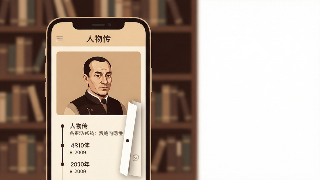 ���壺�ֻ���Ļ��д����Ļ������չʾ�����ﴫ��Ӧ�ý��棬��������ʾһλ��ʷ���˵�Ф����ʱ������ƽ��飬���֣��ֻ�λ�ڻ�������ƫ���Ҳ����ף����幹ͼƽ�⣬�Ű棺������Ƽ�࣬�С����ﴫ��������Ϊ���⣬�·���������ʱ�����б�������ִ���ƽ���廭���ɫ����ů������ɫ������ɫΪ����ϸ�ڣ���Ļ���з�ҳ����Ч����������ģ�����鷿��ܣ����ʣ����壬�ɾ����޶���Ԫ��