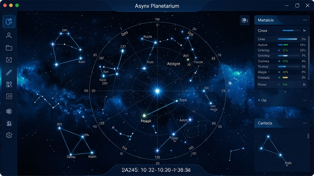 ���壺Asynx Planetarium �������棬չʾ������ǿձ������������������ߡ����֣���������Ϊ��ͼ����ͼ����Χ���ƹ�������������塣�Ű棺������죬����ͼ���������롣��񣺿Ƽ������ִ��н�ϣ�����ɫ��ɫ����������ɫ�ǵ㡣ϸ�ڣ���ͼ�����������Ǻ�������ע���ײ���ʾ����ʱ�����ꡣ���ʣ�����ϸ�壬�ɾ��޶���Ԫ�ء�