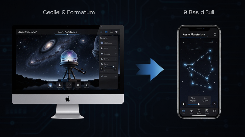 ���壺Asynx Planetarium �����ڵ��Ժ��ֻ��ϵ����жԱ�ͼ�����֣�����ǵ�����Ļ���ұ����ֻ���Ļ���м��ü�ͷ���ӡ��Ű棺����չʾ��ͬ�豸�Ľ������䡣����ִ��Ƽ��磬��ɫ������ϸ�ڣ����Զ���ʾ�����ǿգ��ֻ�����ʾ�ֲ����������߽�����ͳһ�����ʣ����壬�ɾ��޶���Ԫ�ء�