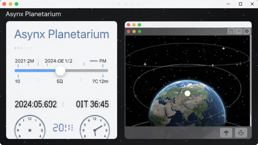 ���壺Asynx Planetarium ������ʱ����������ӽ��л����档���֣����Ϊʱ����ڻ��飬�Ҳ�Ϊ3D�ӽ�Ԥ�����ڡ��Ű棺�����࣬������ť��ʶ��ȷ������ִ���ƽ����ƣ�������ɫ������ϸ�ڣ�ʱ�们���������ں�ʱ����ʾ���ӽǴ�����ʾ������ǿա����ʣ������������ɾ��޶���Ԫ�ء�