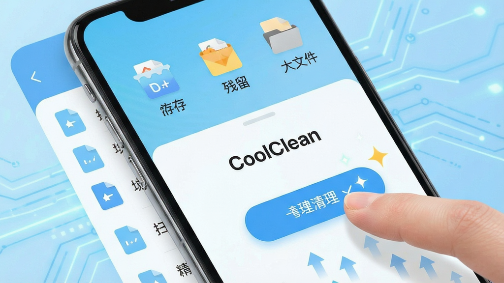���壺CoolClean�����������ܲ������棬��ָ�����һ����������ť����Ļ�Ϸ���ʾɨ�赽�������ļ�����ͼ�꣬�������桢���������ļ��ȡ����֣��ֻ���Ļ��д�����Ϊ�ļ��б����Ҳ�Ϊ������ť������Ϊǳ��ɫ�Ƽ����������Ű棺��ƽ��UI��ƣ�ͼ���࣬��������������ִ���Լ���ɫ��������ͻ������ֱ���ԡ�ϸ�ڣ���Ļ����ʾ��CoolClean�������͡�������ɡ���ʾ����Χ�������ļ�ͷ������Ч�������ʣ����壬�ɾ����޶���Ԫ�ء�