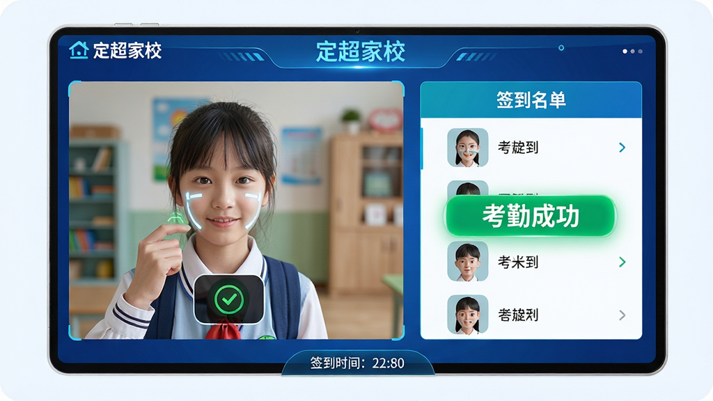 ���壺������У���ܿ��ڽ��棬��ʾѧ��ˢ��ǩ���Ķ���Ч�������֣����Ϊ����ͷ��׽���棬�Ҳ�Ϊǩ���ɹ���ѧ���������Ű棺��Ϣ����������ͻ�������ڳɹ�����ɫ��ʶ����񣺿Ƽ���ʮ�㣬ɫ��������ϸ�ڣ����涥���С�������У����ʶ���ײ���ʾǩ��ʱ�䣻���ʣ����塢�ɾ����޶���Ԫ��