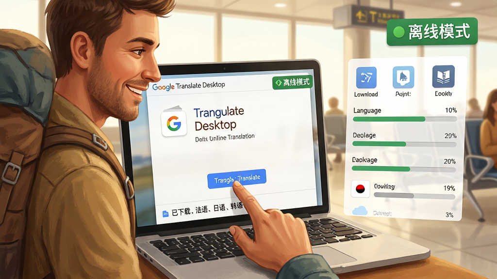 ���壺һ���������ڻ��������ʹ�ñʼǱ����ԣ���Ļ��ʾ��Google Translate Desktop�����߷�����棬���Ͻ��С�����ģʽ����ɫ��ʶ�����֣�����λ�ڻ�����࣬������Ļ������ڣ��Ҳ���ʾ�����ص����԰��б�ͼ�ꡣ�Ű棺��Ļ���ݼ�࣬���԰��б��������ν�������ʾ����״̬�����дʵ�廭���ůɫ������ܰ��Χ��ϸ�ڣ����������΢Ц����ָ������밴ť����Ļ�·��С������أ�������������������ʣ�ϸ�ڷḻ���ɾ����޶���Ԫ�ء�
