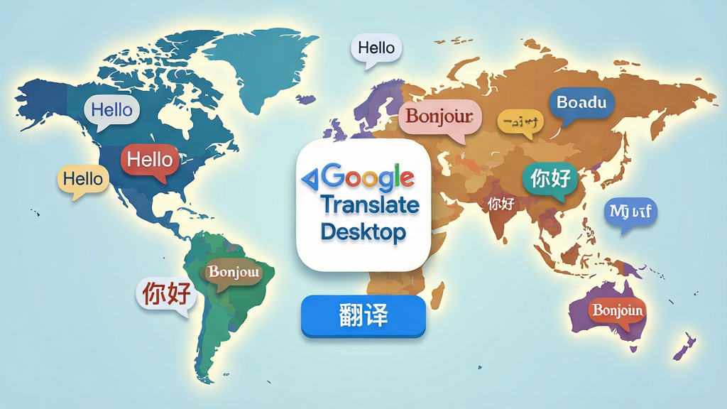 ���壺һ�������ͼ������ɢ���Ŷ��������������ݣ�����λ���ǡ�Google Translate Desktop������ͼ�꣬ͼ���·��С����롱��ť�����֣������ͼƽ���������棬�������ݴ������µطֲ��ڵ�ͼ�������Ϸ�������ͼ�����ͻ�����Ű棺�����������������ò�ͬ������ɫ�������ԣ�ͼ���·���ťΪ��ɫ������ִ��Ƽ��в廭��ɫ�ʷḻ��ͳһ��������͡�ϸ�ڣ�ÿ�������ڿɱ��ϳ�����á���Hello����Bonjour������������ͼ��Ե��ǳɫ���Ρ����ʣ��������ȣ��ɾ����޶���Ԫ�ء�