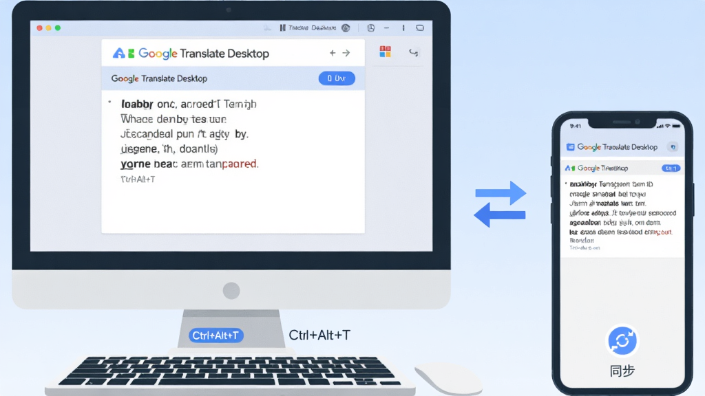 ���壺һ̨���Ժ�һ���ֻ����Űڷţ���Ļ�϶���ʾ��Google Translate Desktop��������棬�м���˫���ͷ��ʾͬ�������֣�����λ����࣬�ֻ�λ���Ҳ࣬����Ϊǳ��ɫ���䡣�Ű棺������Ļ��ʾ���������ֻ���Ļ��ʾͬ�������ݡ���񣺱�ƽ���Ƽ��廭���ɾ���ࡣϸ�ڣ����Լ������С�Ctrl+Alt+T���������ֻ���Ļ�·��С�ͬ����ͼ�ꡣ���ʣ��������ȣ��ɾ����޶���Ԫ�ء�