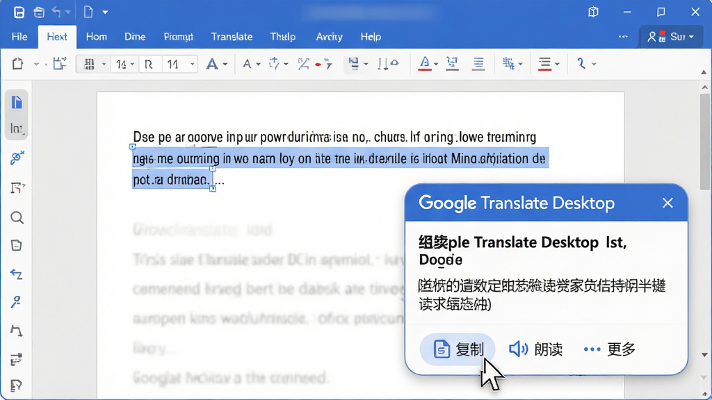 ���壺һ�����ִ������������У�һ��Ӣ�ı�ѡ�и������Ա������š�Google Translate Desktop����С�ͷ��븡������ʾ�������ġ����֣����ִ�������ȫ����ʾ������λ��ѡ���������½ǡ��Ű棺�������Բ�󣬱������С�Google Translate Desktop���������·���ʾԭ�ĺ����ġ���񣺱�ƽ��UI�����ɫ����ɫ����ϸ�ڣ������ײ��С����ơ����ʶ��������ࡱ����Сͼ�꣬���ָ��ָ�򡰸��ơ�ͼ�ꡣ���ʣ��������ɾ����޶���Ԫ�ء�
