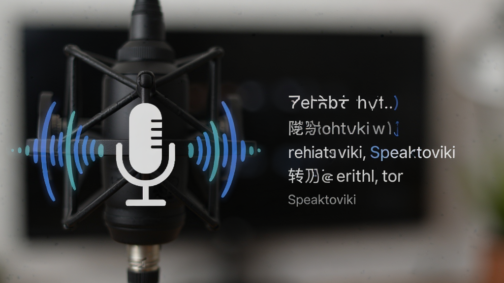 Speaktoviki语音识别功能特写,麦克风图标前方有动态声波,右侧实时显示转写文字,背景虚化处理,突出识别速度和准确性,画质干净,无多余元素
