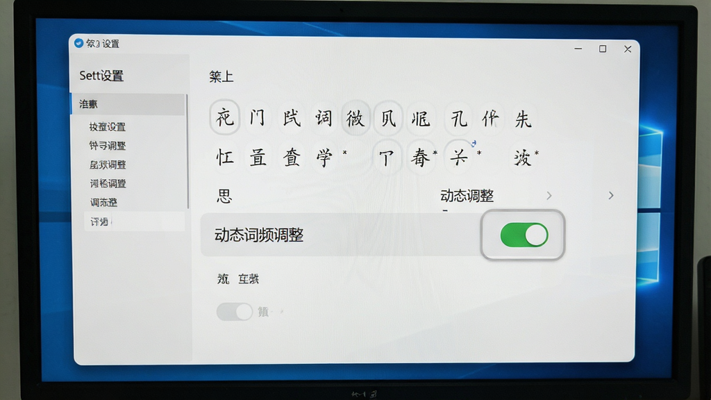 主体为电脑屏幕上显示笔画输入法设置界面,突出“动态词频调整”选项开关,背景为干净的设置窗口,布局清晰,风格写实,细节真实,画质高清,干净无多余元素。