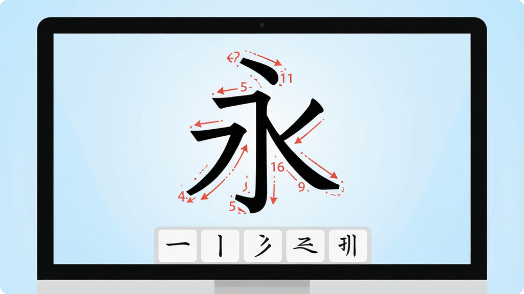 主体为一块简约的电脑屏幕,屏幕中央显示一个巨大的汉字“永”字,其笔画顺序用红色箭头和数字标注,屏幕下方是简洁的笔画输入法工具栏,包含横竖撇捺折五个基本笔画按键,背景为淡蓝色渐变,整体布局干净清晰,风格为扁平化插画风,细节精致,画质高清,干净无多余元素。