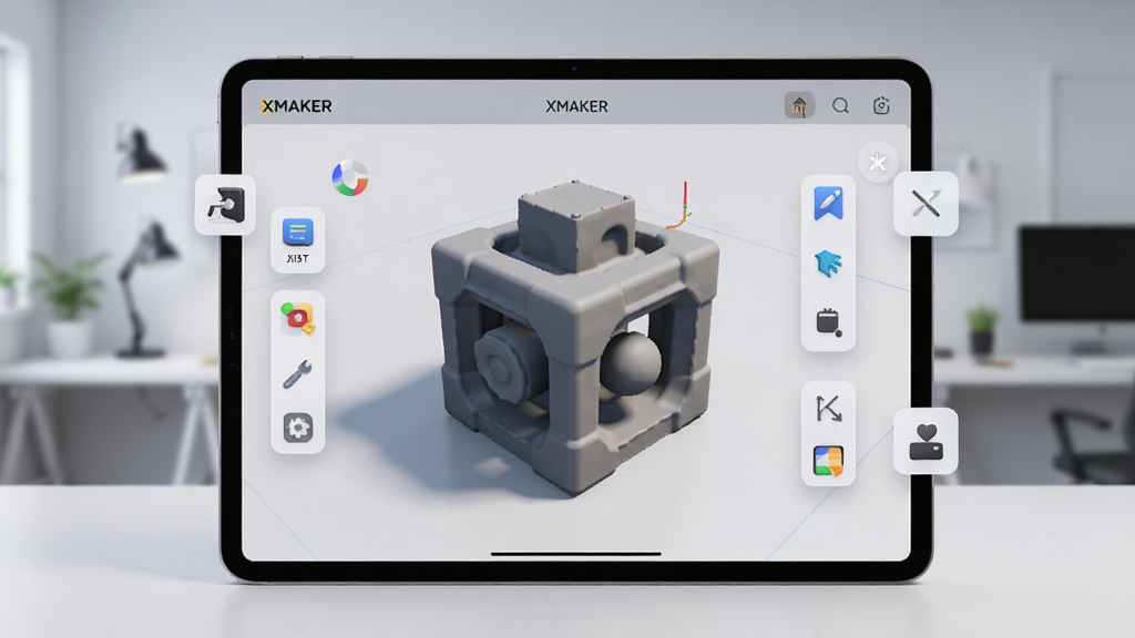 ��������ΪXMAKER������ƽ���ϵĽ�����д����Ļ����ʾһ��������Ⱦ��3Dģ�ͣ���Χ�������Ĺ�����ͼ�꣬�����Ǽ�Լ�Ĺ����һ��������ֲ������Ĺ�ͼ���Ű�ɾ������Ϊ�ִ��Ƽ���UIչʾ��ϸ�ڰ���ģ�͵Ĺ�Ӱ��κͽ���Բ����ƣ����ʸ��壬�ɾ��޶���Ԫ�أ���Ļ����ʾ�������ơ�XMAKER��������