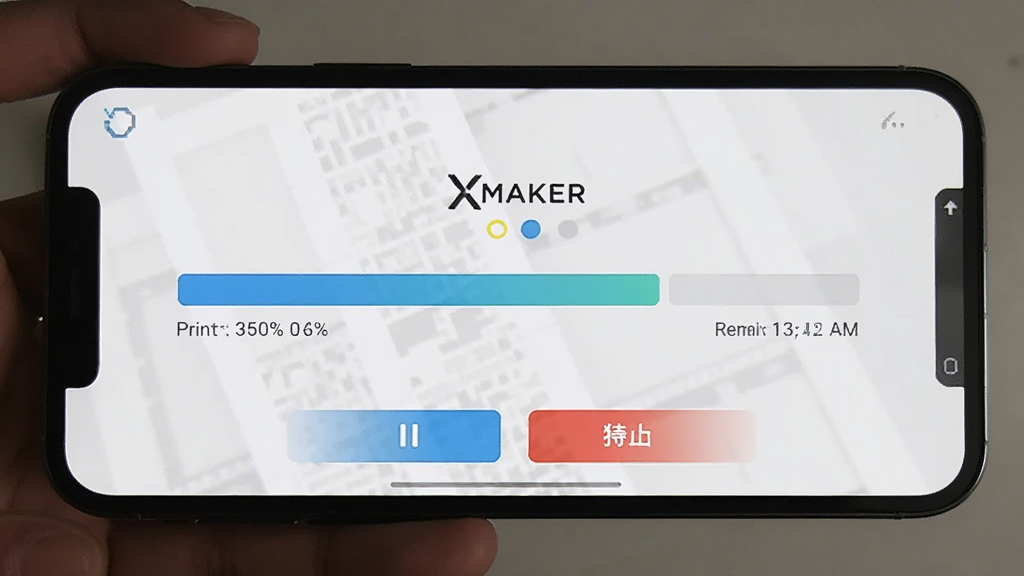 ����ΪXMAKER�������ֻ�����ʾ��ӡ�������Ļ��棬����Ϊȫ��������ʾ���·�����ͣ��ֹͣ��ť�����Ϊ����ǳɫUI��ϸ��չʾ���ȰٷֱȺ�ʣ��ʱ�䣬������������Ļ����ӡ�С�XMAKER���������ɾ��޶���Ԫ�ء�
