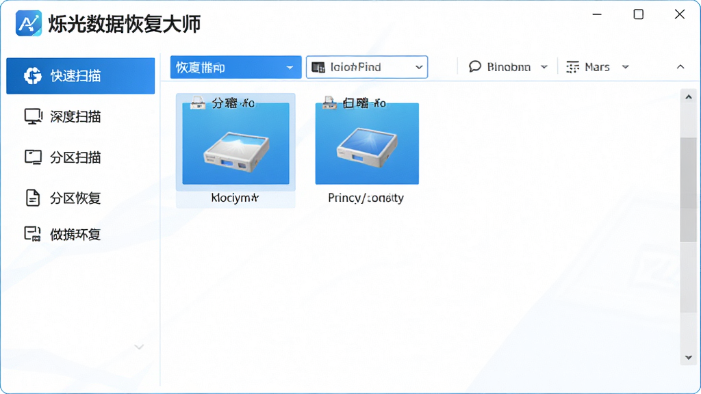 ͼƬչʾ˸�����ݻָ���ʦ�����棬��๦�ܵ����������г�����ɨ�衢���ɨ�衢�����ָ���ѡ��Ҳ�Ϊ���̷���ѡ���б����������������ɫ�����岼�ּ�����ˣ�����ִ�רҵ������ɾ��޶���Ԫ�أ����ʸ��壬ͻ���������ơ�˸�����ݻָ���ʦ����Logoλ�ڽ������Ͻǡ�
