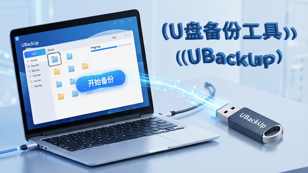 ���壺һ̨�ʼǱ�����������һ��U�̣���Ļ��ʾUBackUp�������棬����������Ŀ�ġ���ʼ���ݡ���ť�����֣���������U�����ң��м������������Ĺ�Ч���Ű棺������ˣ�ͻ���������ơ�U�̱��ݹ��ߣ�UBackUp����������ִ��Ƽ��У���ɫ��Ϊ����ϸ�ڣ�U���ϱ��С�UBackUp����������Ļ�������ļ��б��ͽ����������ʣ�������Ⱦ���ɾ����޶���Ԫ�ء�