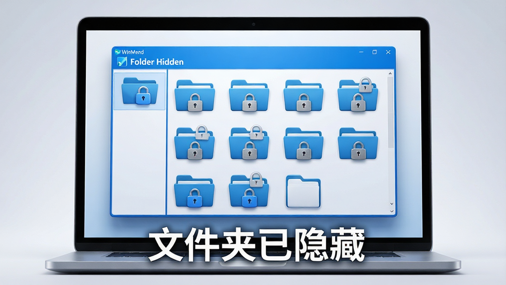 ���壺һ̨�ʼǱ�������Ļ����ʾWinMend Folder Hidden�������棬�������ж���ļ���ͼ�걻���������֣�����λ�ڻ������룬��Ļ���������ɼ���������������ɫ�Ͱ�ɫΪ��ɫ�����Ű棺��Ļ�·��С��ļ��������ء���������ʾ������ִ��Ƽ��У�3D��Ⱦ������������ϸ�ڣ��ļ���ͼ��������α�ǣ�����Ϊ�ɾ���ǳ��ɫ���䡣���ʣ�8K���壬ϸ�ڷḻ���޶���Ԫ�ء�