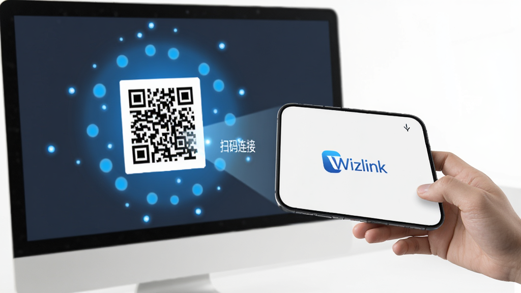 WizlinkӦ��ɨ�����ӽ��棬һ���ֻ�ɨ�������Ļ�ϵĶ�ά�룬��������ɫ��㻷�ƣ�����Ϊ��ɫ����񣬽�����ʾ��Wizlink��Logo�͡�ɨ�����ӡ����֣����־��У�����������£����ʸɾ��޶���Ԫ��