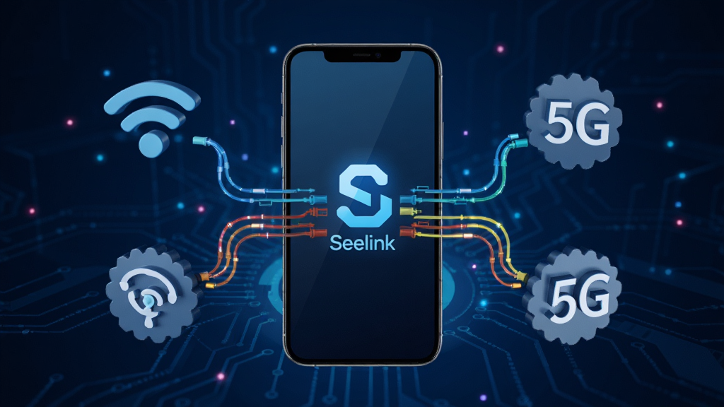 չʾSeelink����ۺϹ��ܵ�ʾ��ͼ����������Ϊһ���ֻ�����Χ������Wi-Fi��5G�ź�ͼ�꣬������ɫ�����߻�۵��ֻ���Ļ�ϵġ�Seelink��Logo������Ϊ�Ƽ���ʮ�������ɫ�������ֱ�ۣ����ʸ��壬�ɾ��޶���Ԫ��