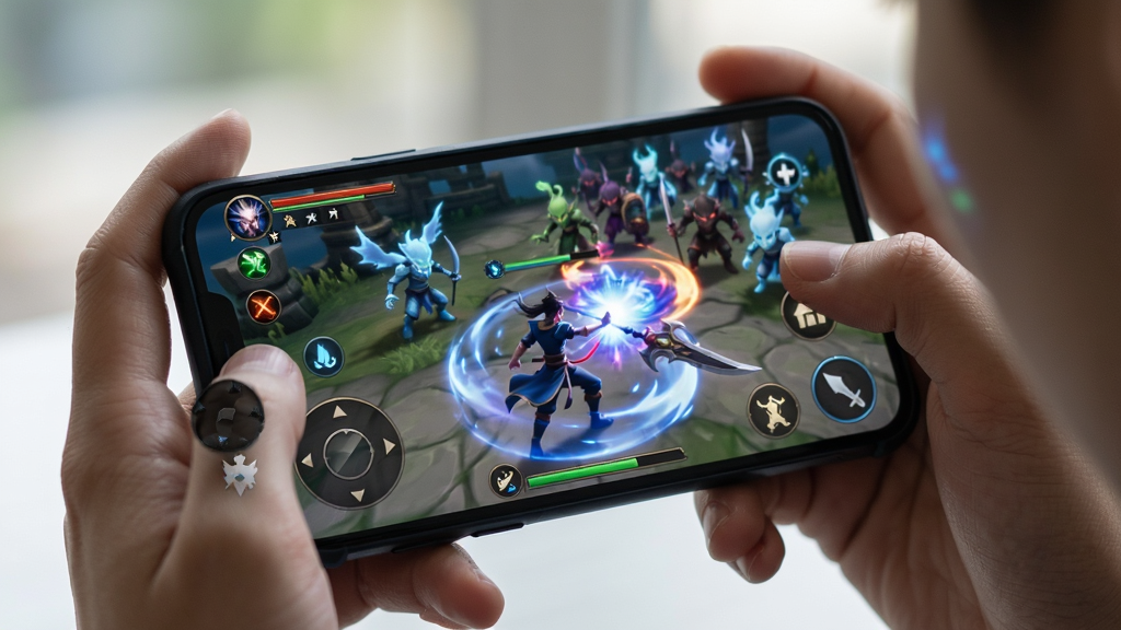 ���壺�������ʹ���ֻ�������Ϸ����Ļ��ʾ��Ϸս�����档���֣��ֻ��������������У������н�ɫ�ͷż��ܣ����������ʹ�����Ű棺�ֻ���Ļ��Ե�в�����ʾ����Χ�й�Ч�����дʵ��Ӱ��񣬹�����Ȼ��ϸ�ڣ���ָ������Ļ�����ܹ�Ч���������ϣ��ֻ��������Ϸlogo�����ʣ�������Ӱ������Ч�����ɾ����޶���Ԫ�ء�