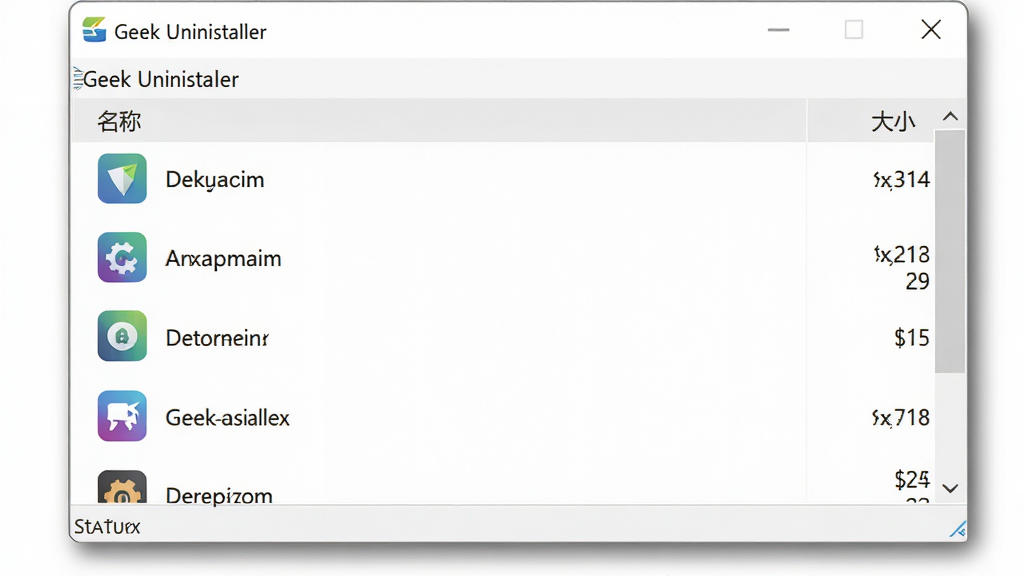 ���壺Geek Uninstaller�����������ͼ��չʾһ�����������б����ڣ����֣����й�ͼ����������չʾ�����ơ��͡���С�����У������в˵������Ű棺�б���ʽ��ÿ��һ������ͼ������ƣ��ײ���״̬������񣺱�ƽ����ƣ���ɫ��Ϊ��ɫ��ǳ��ɫ��ǿ���ɾ�������Ӿ����ܣ�ϸ�ڣ����ڱ�Ե����ӰЧ��������ͼ��ɫ�ʷḻ��ͳһ�����ʣ��߷ֱ��ʣ��ɾ����޶���Ԫ��