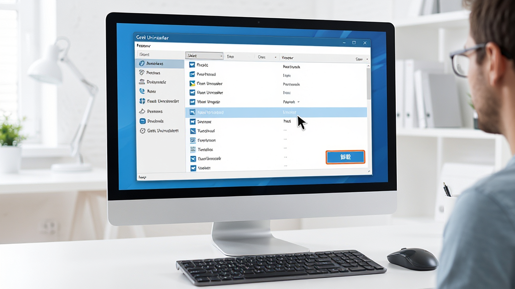 ���壺������ĻǰչʾGeek Uninstaller���н��棬�û����ڵ��ж�ذ�ť�����֣�������Ļ���У��������������ɼ�����Χ�м�����ꣻ�Ű棺��Ļ����ʾ�����б������ָ��ָ��һ�����������дʵ���ɫ��������ϸ�ڣ���Ļ���С�ж�ء���ť����������Ϊ������棻���ʣ����壬�ɾ����޶���Ԫ��