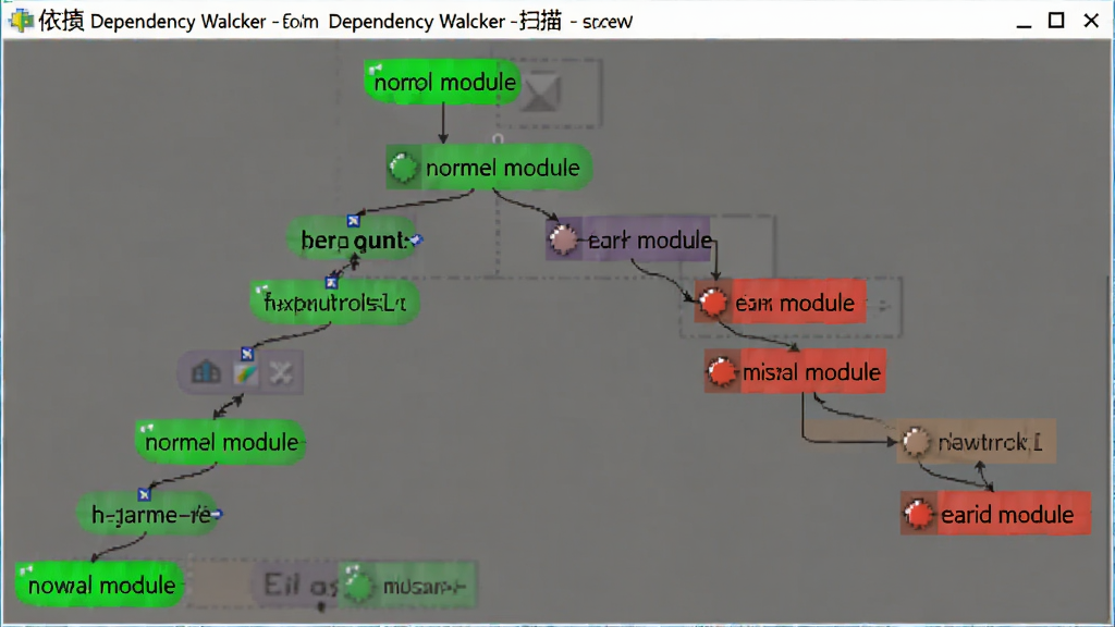 ����һ�� Dependency Walker ������ɨ������ʾ��ͼ������Ϊ��״�ṹͼ���ڵ��ò�ͬ��ɫ��ע����ɫ�ڵ��ʾ����ģ�飬��ɫ�ڵ��ʾȱʧģ�飬���ֲ�η����������רҵ�������������ɾ��޶���Ԫ�ء�