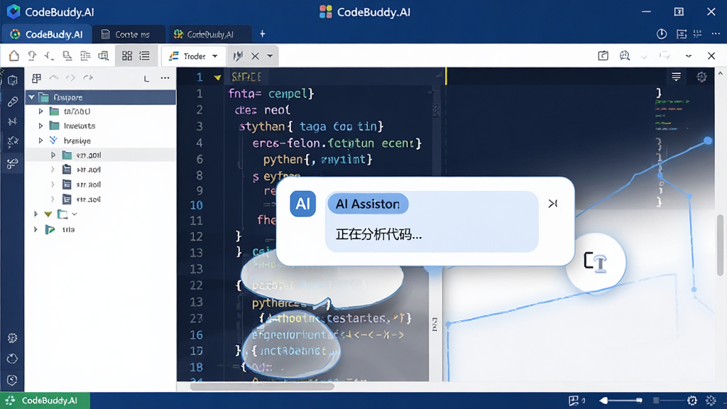 ���壺CodeBuddy.AI�����Ľ���Ԥ��ͼ����ʾһ���ִ����Ĵ���༭�����ڣ����Ϊ�ļ������Ҳ�Ϊ���������м���һ��AI���ֶԻ��򡣲��֣����½ṹ���Ϸ��ǲ˵����ͱ�ǩҳ���·���״̬�����������ɾ����ࡣ�Ű棺�������������������﷨���Ի������Բ����ơ���񣺱�ƽ����ƣ�ɫ���������Ͱ�ɫΪ�����Ƽ���ǿ��ϸ�ڣ�����������ʾ����Python���룬AI�Ի�����ʾ�����ڷ�������...�����֡����ʣ����壬�ɾ����޶���Ԫ�ء�